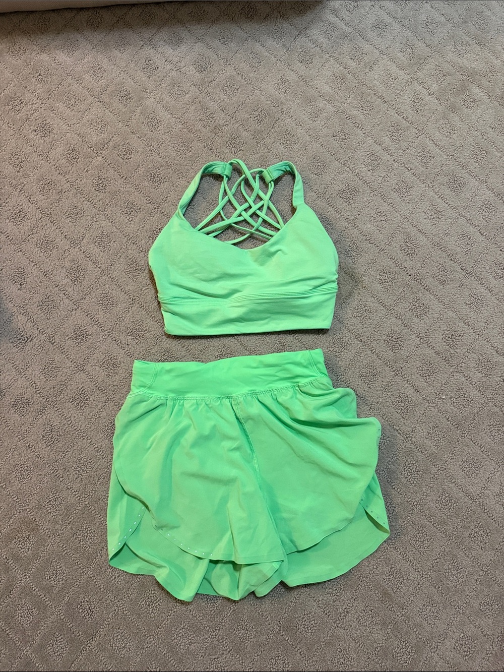 Lululemon Neon Green Strappy Sports Bra and Shorts Set running matching set